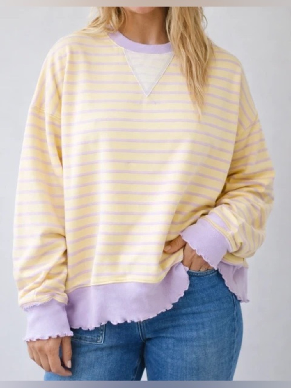 Peach Love California Pastel Yellow & Lilac Striped Crewneck Sweater